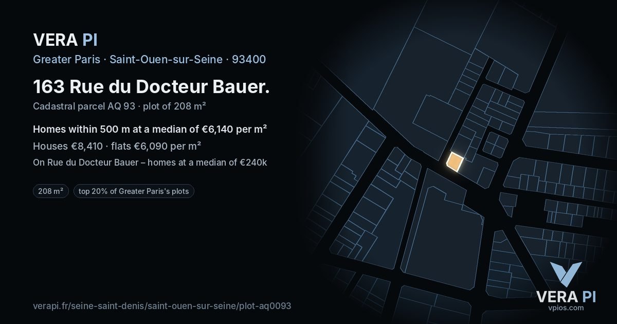163 Rue du Docteur Bauer, Saint-Ouen-sur-Seine at night – the plot lit, the parcels around coloured by the prices near them