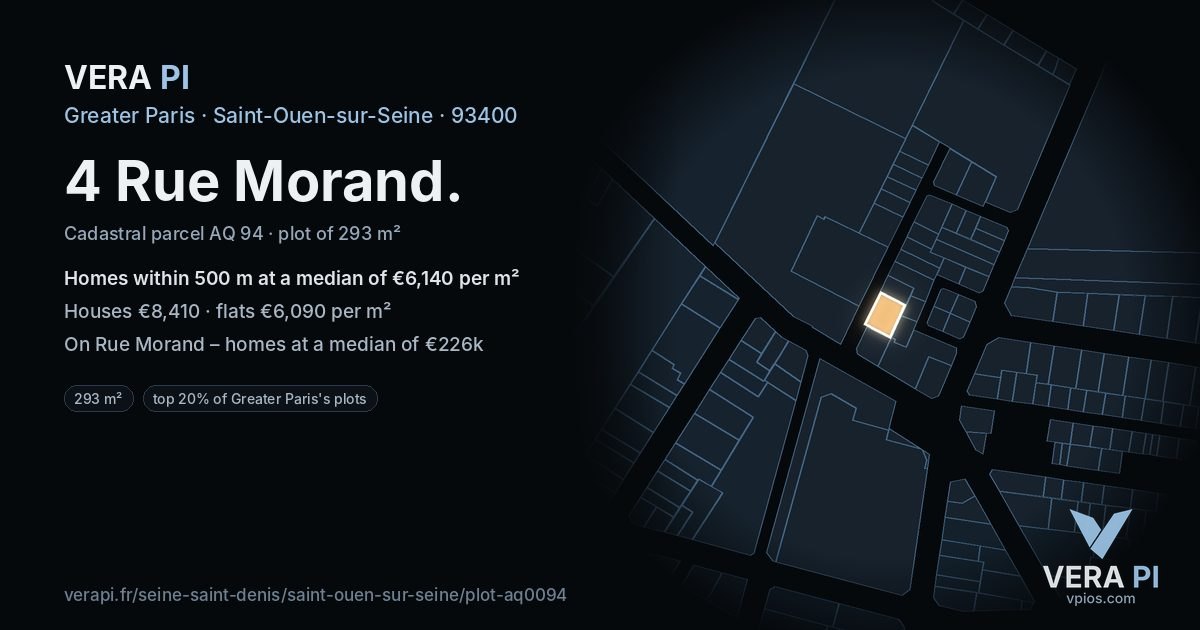 4 Rue Morand, Saint-Ouen-sur-Seine at night – the plot lit, the parcels around coloured by the prices near them