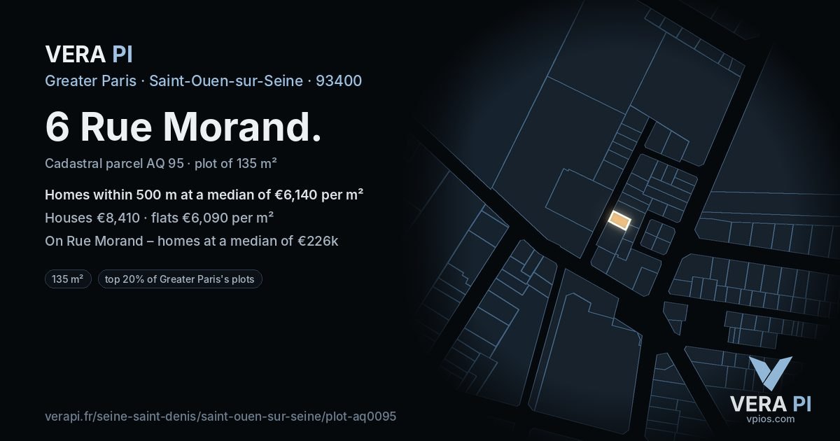 6 Rue Morand, Saint-Ouen-sur-Seine at night – the plot lit, the parcels around coloured by the prices near them