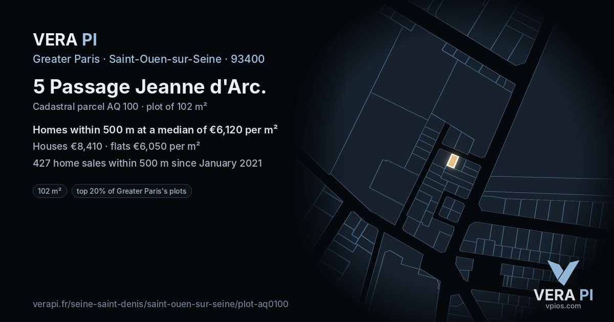 5 Passage Jeanne d'Arc, Saint-Ouen-sur-Seine at night – the plot lit, the parcels around coloured by the prices near them