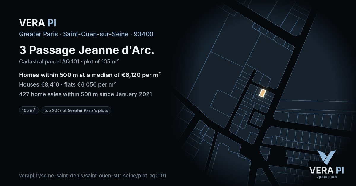 3 Passage Jeanne d'Arc, Saint-Ouen-sur-Seine at night – the plot lit, the parcels around coloured by the prices near them