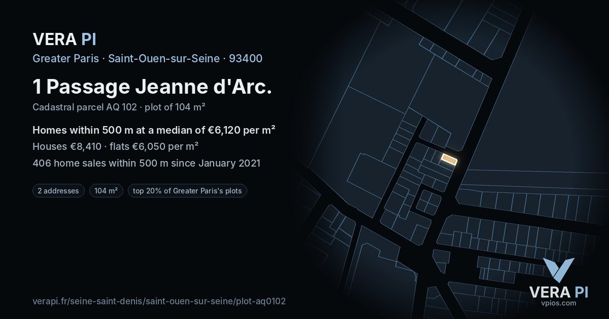 1 Passage Jeanne d'Arc, Saint-Ouen-sur-Seine at night – the plot lit, the parcels around coloured by the prices near them