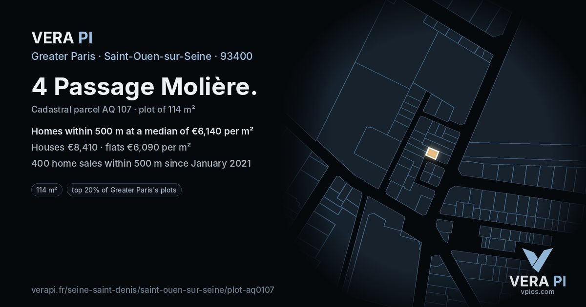 4 Passage Molière, Saint-Ouen-sur-Seine at night – the plot lit, the parcels around coloured by the prices near them