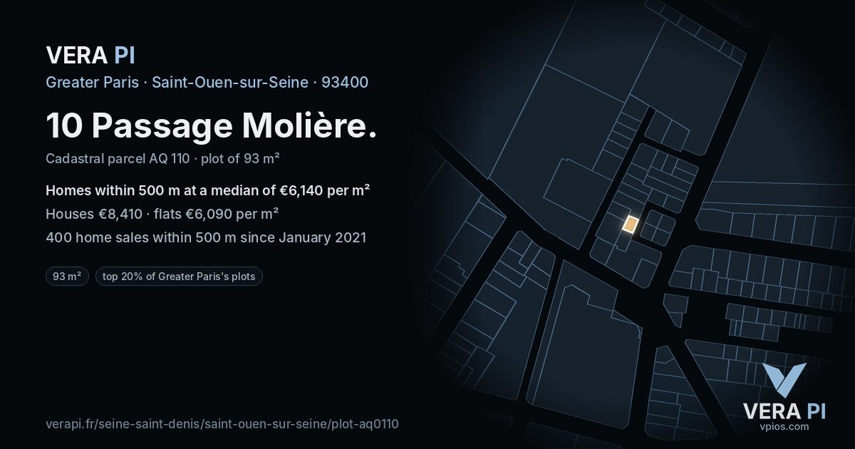 10 Passage Molière, Saint-Ouen-sur-Seine at night – the plot lit, the parcels around coloured by the prices near them