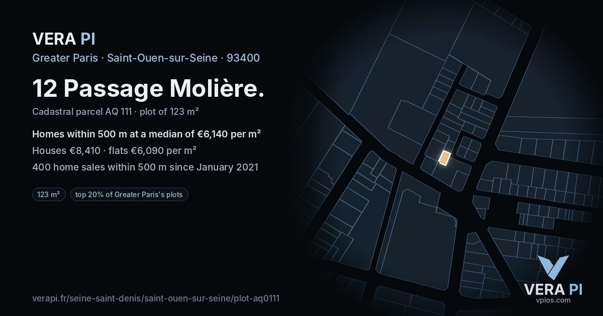12 Passage Molière, Saint-Ouen-sur-Seine at night – the plot lit, the parcels around coloured by the prices near them