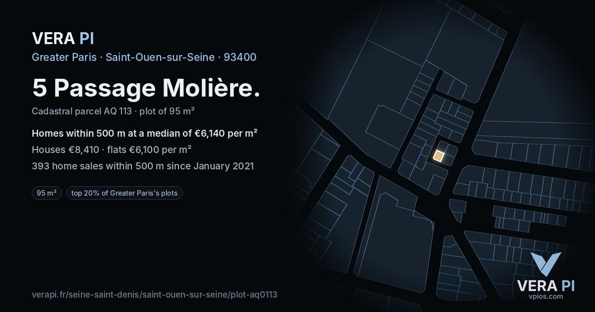 5 Passage Molière, Saint-Ouen-sur-Seine at night – the plot lit, the parcels around coloured by the prices near them