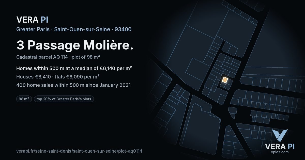 3 Passage Molière, Saint-Ouen-sur-Seine at night – the plot lit, the parcels around coloured by the prices near them