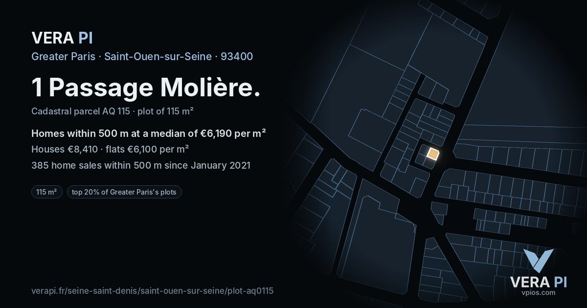 1 Passage Molière, Saint-Ouen-sur-Seine at night – the plot lit, the parcels around coloured by the prices near them