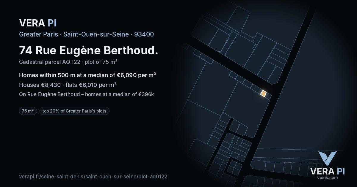 74 Rue Eugène Berthoud, Saint-Ouen-sur-Seine at night – the plot lit, the parcels around coloured by the prices near them