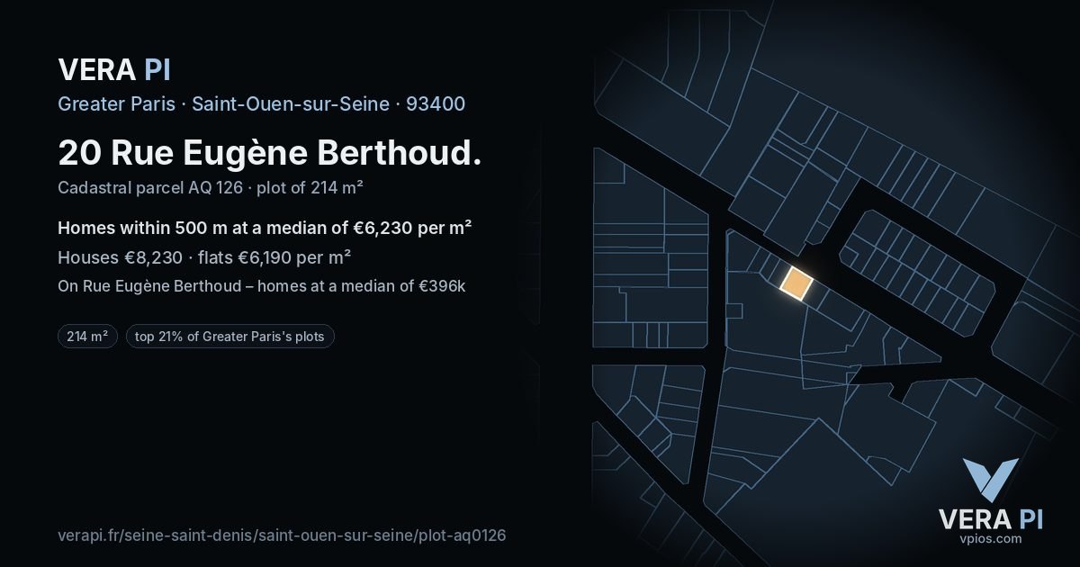 20 Rue Eugène Berthoud, Saint-Ouen-sur-Seine at night – the plot lit, the parcels around coloured by the prices near them
