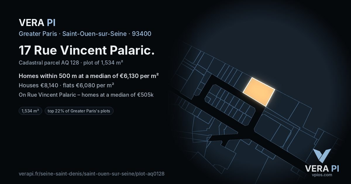 17 Rue Vincent Palaric, Saint-Ouen-sur-Seine at night – the plot lit, the parcels around coloured by the prices near them
