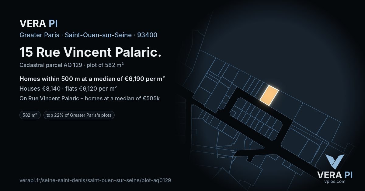 15 Rue Vincent Palaric, Saint-Ouen-sur-Seine at night – the plot lit, the parcels around coloured by the prices near them