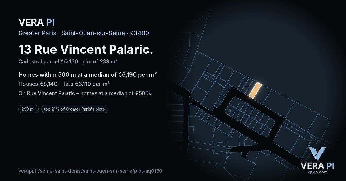 13 Rue Vincent Palaric, Saint-Ouen-sur-Seine at night – the plot lit, the parcels around coloured by the prices near them