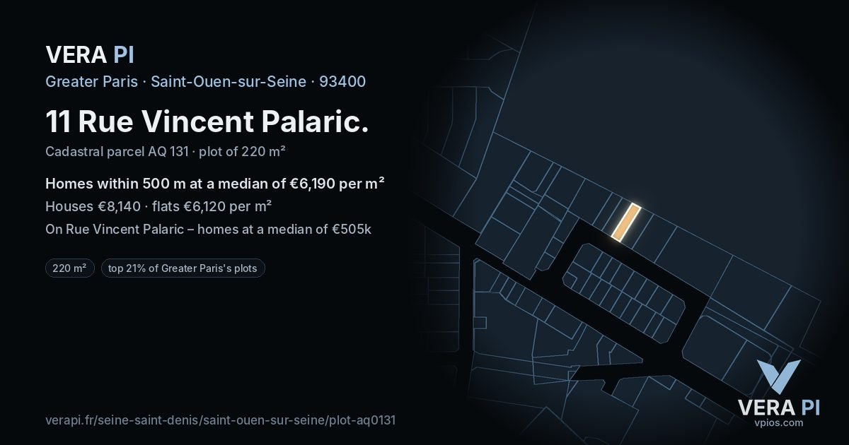11 Rue Vincent Palaric, Saint-Ouen-sur-Seine at night – the plot lit, the parcels around coloured by the prices near them