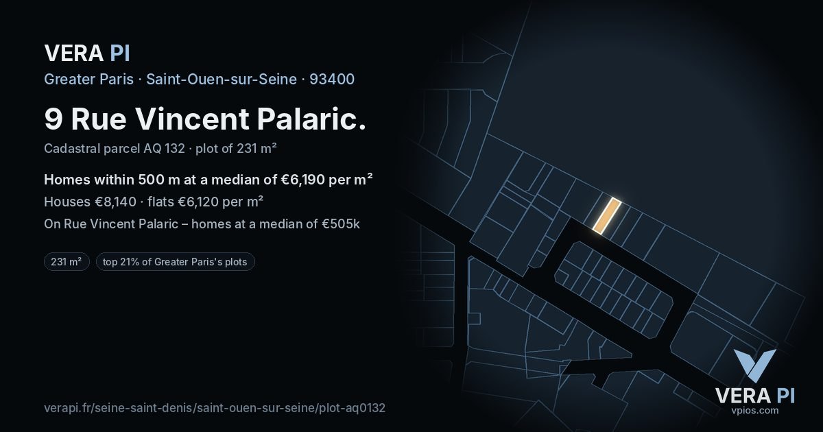 9 Rue Vincent Palaric, Saint-Ouen-sur-Seine at night – the plot lit, the parcels around coloured by the prices near them