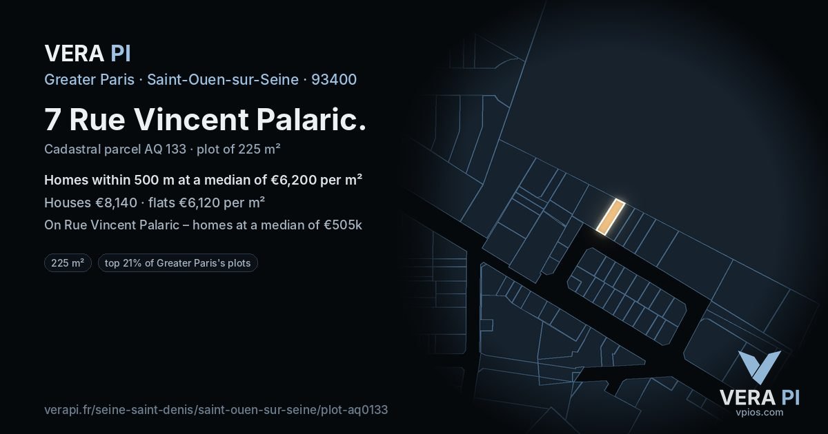 7 Rue Vincent Palaric, Saint-Ouen-sur-Seine at night – the plot lit, the parcels around coloured by the prices near them