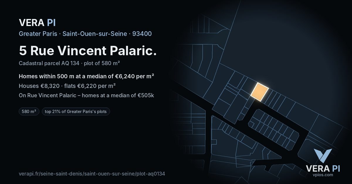 5 Rue Vincent Palaric, Saint-Ouen-sur-Seine at night – the plot lit, the parcels around coloured by the prices near them