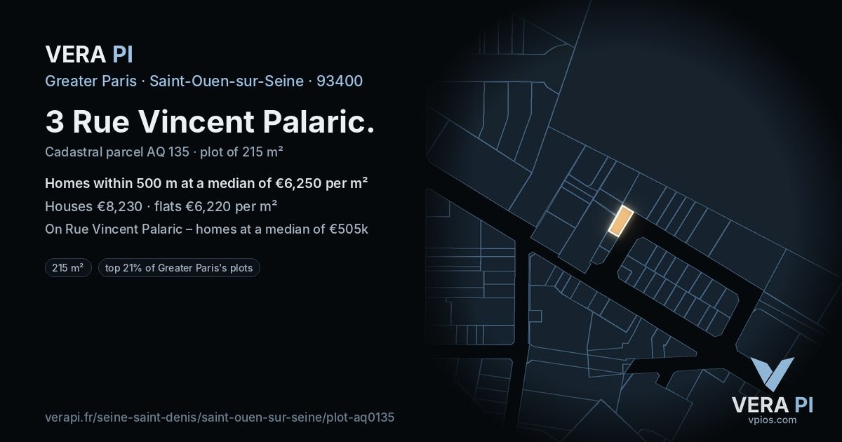 3 Rue Vincent Palaric, Saint-Ouen-sur-Seine at night – the plot lit, the parcels around coloured by the prices near them