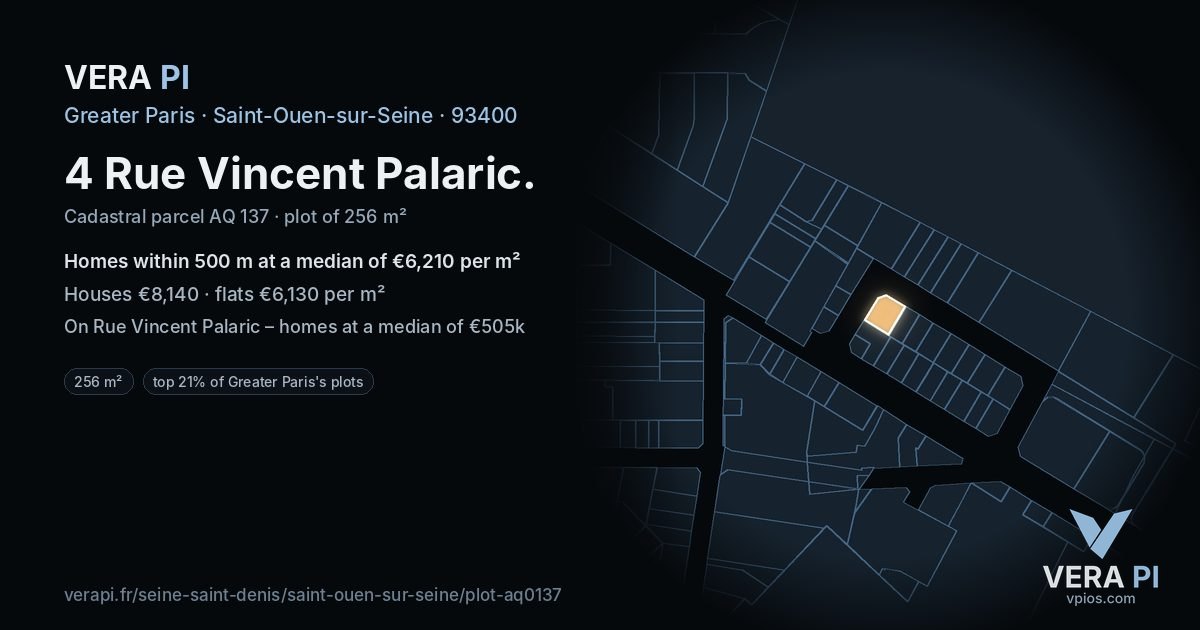 4 Rue Vincent Palaric, Saint-Ouen-sur-Seine at night – the plot lit, the parcels around coloured by the prices near them