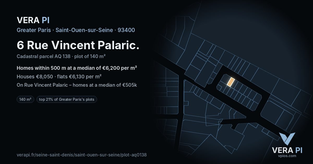 6 Rue Vincent Palaric, Saint-Ouen-sur-Seine at night – the plot lit, the parcels around coloured by the prices near them