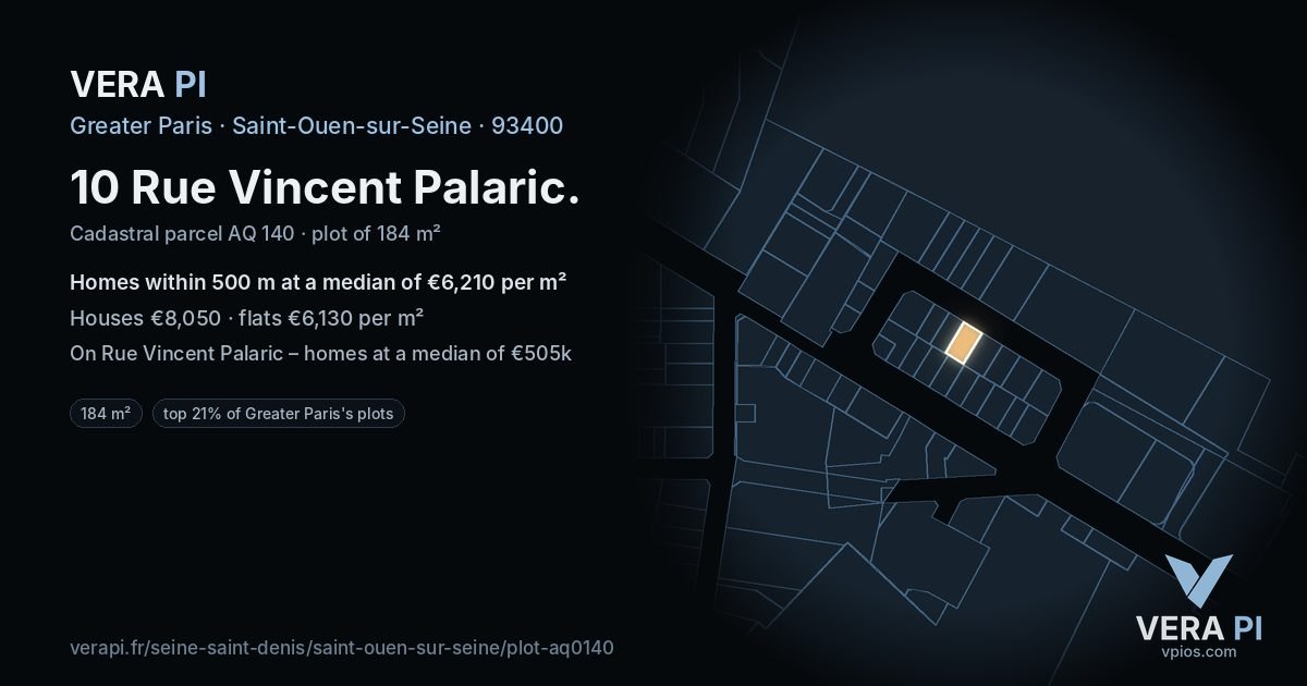 10 Rue Vincent Palaric, Saint-Ouen-sur-Seine at night – the plot lit, the parcels around coloured by the prices near them