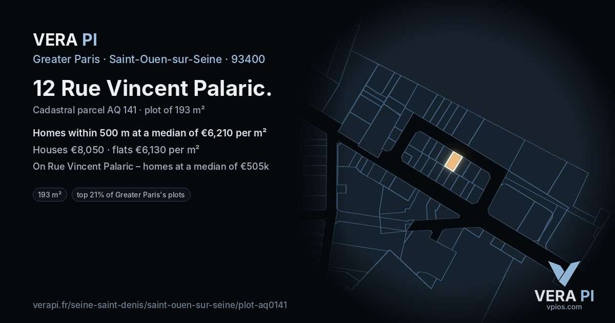 12 Rue Vincent Palaric, Saint-Ouen-sur-Seine at night – the plot lit, the parcels around coloured by the prices near them