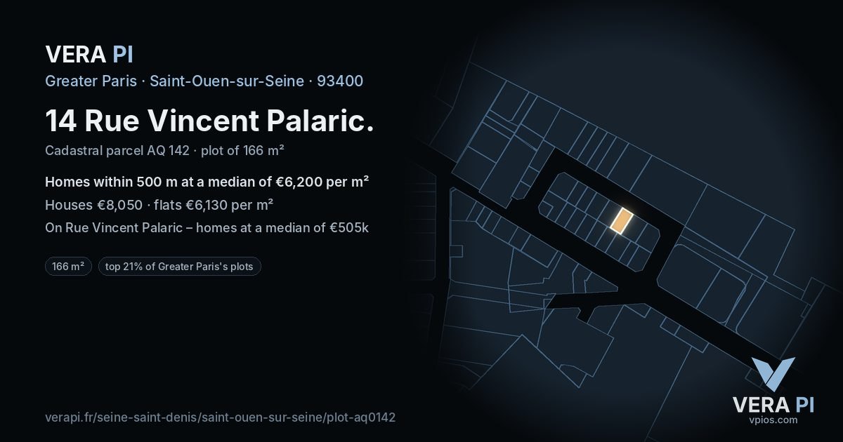14 Rue Vincent Palaric, Saint-Ouen-sur-Seine at night – the plot lit, the parcels around coloured by the prices near them