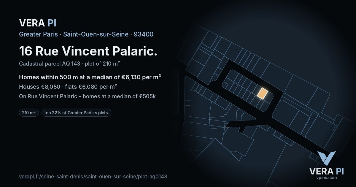 16 Rue Vincent Palaric, Saint-Ouen-sur-Seine at night – the plot lit, the parcels around coloured by the prices near them