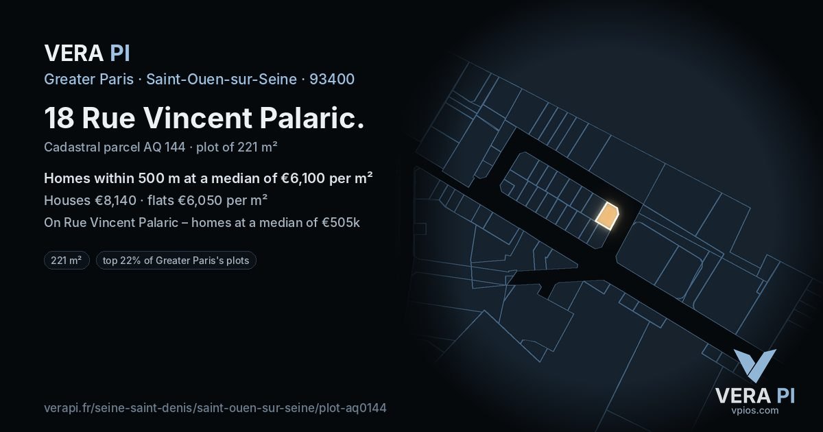 18 Rue Vincent Palaric, Saint-Ouen-sur-Seine at night – the plot lit, the parcels around coloured by the prices near them