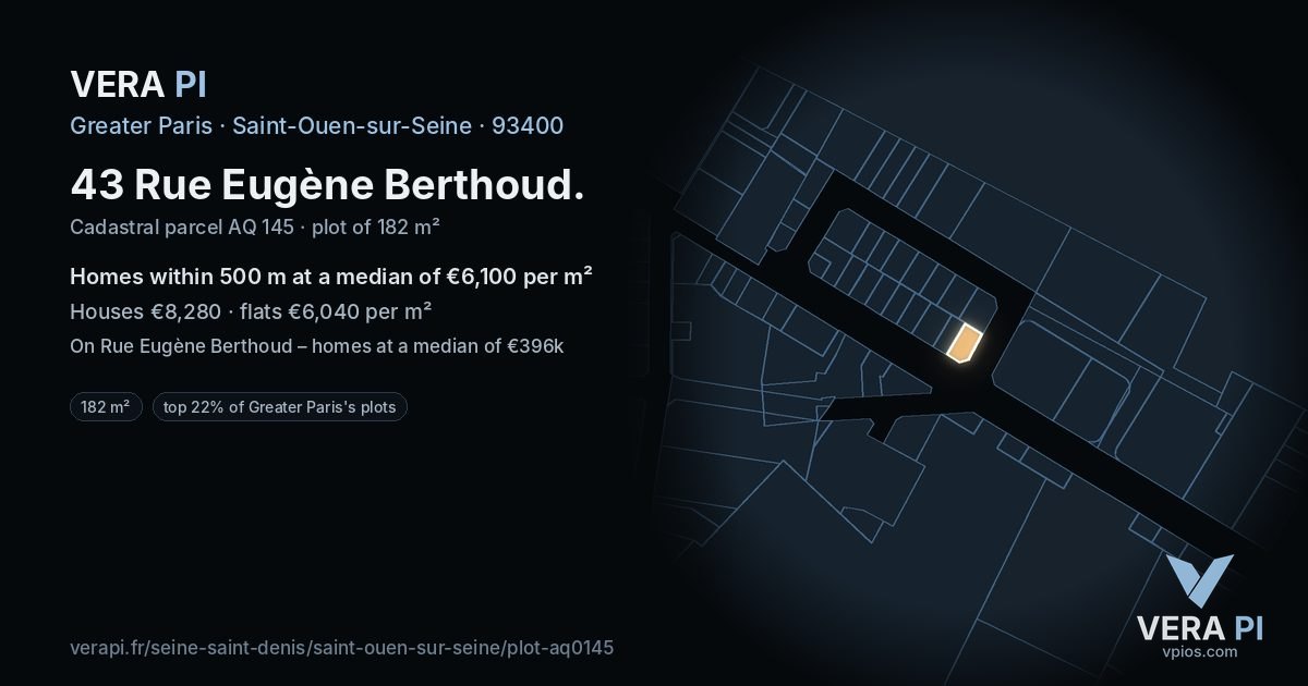 43 Rue Eugène Berthoud, Saint-Ouen-sur-Seine at night – the plot lit, the parcels around coloured by the prices near them
