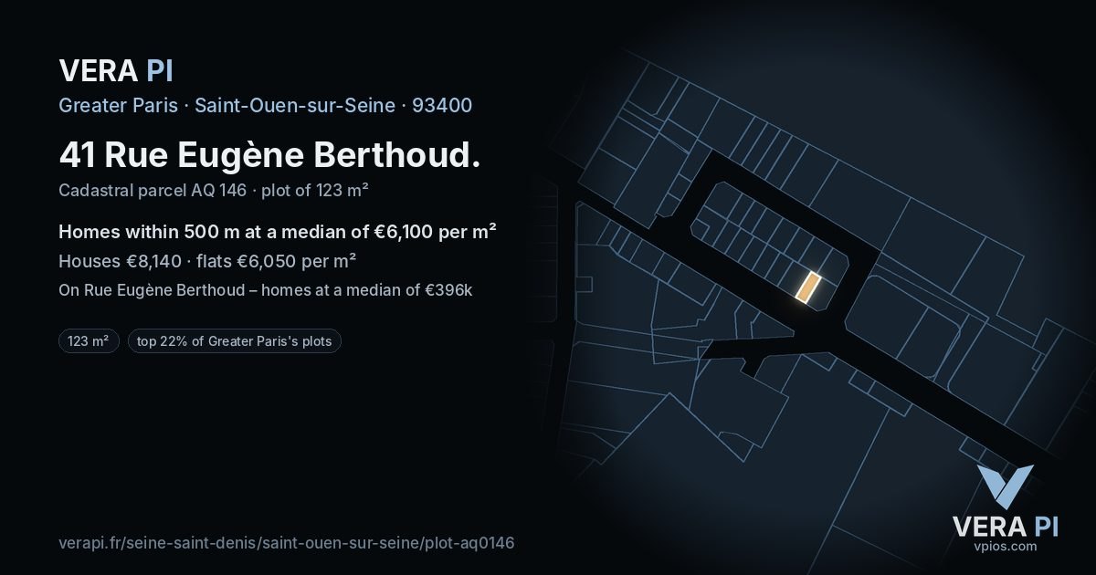 41 Rue Eugène Berthoud, Saint-Ouen-sur-Seine at night – the plot lit, the parcels around coloured by the prices near them