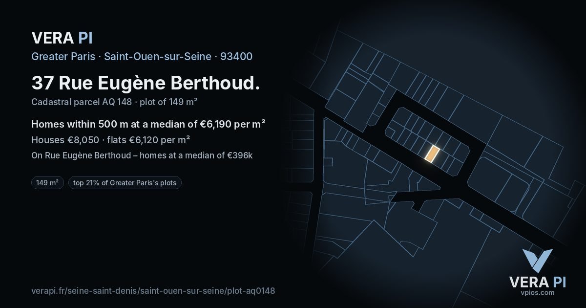 37 Rue Eugène Berthoud, Saint-Ouen-sur-Seine at night – the plot lit, the parcels around coloured by the prices near them