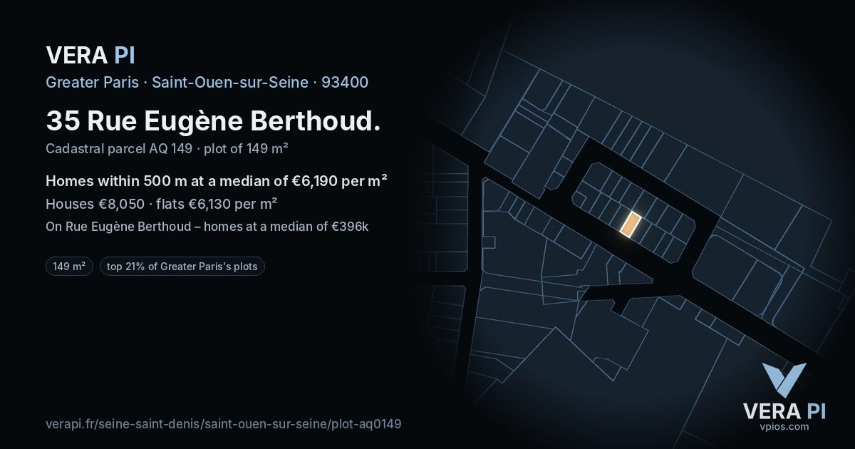 35 Rue Eugène Berthoud, Saint-Ouen-sur-Seine at night – the plot lit, the parcels around coloured by the prices near them