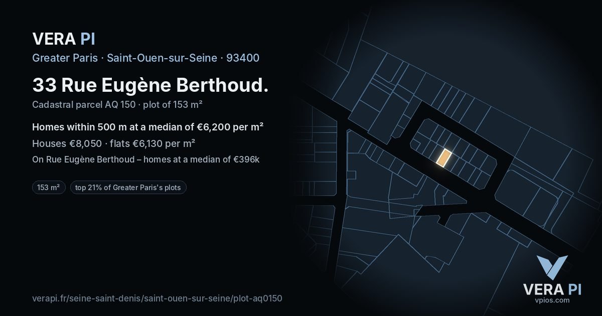 33 Rue Eugène Berthoud, Saint-Ouen-sur-Seine at night – the plot lit, the parcels around coloured by the prices near them