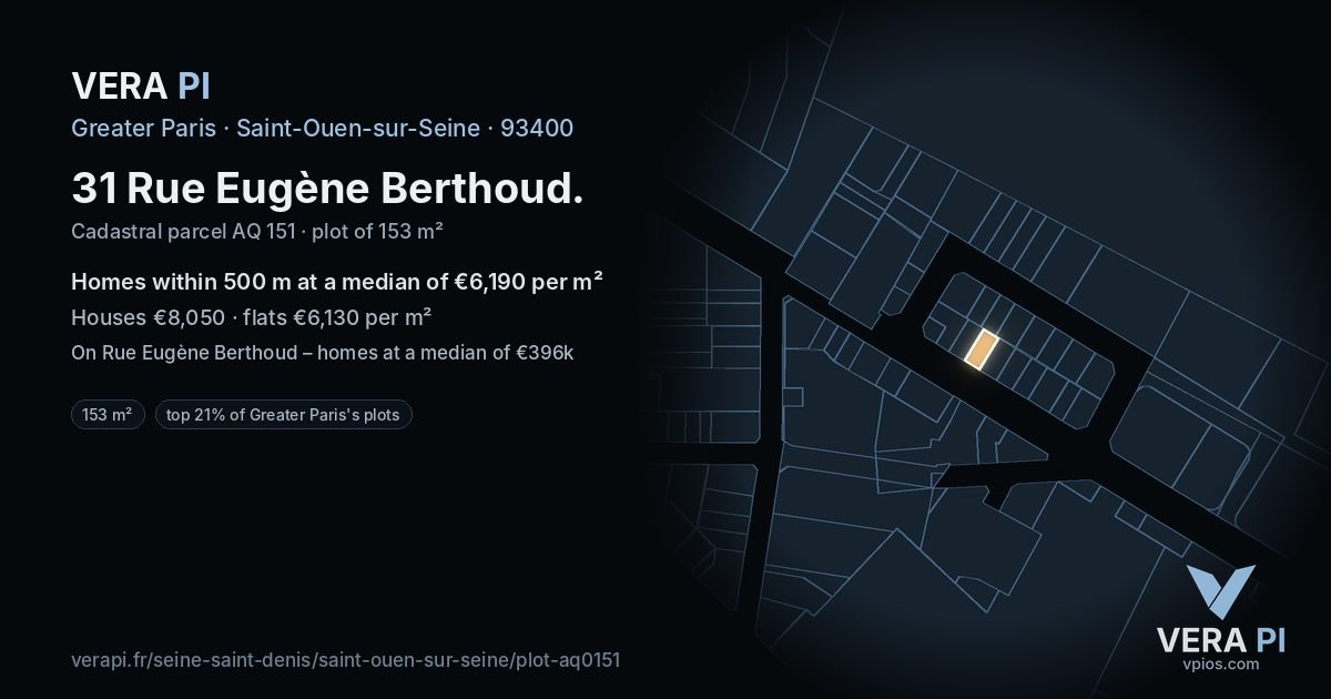 31 Rue Eugène Berthoud, Saint-Ouen-sur-Seine at night – the plot lit, the parcels around coloured by the prices near them