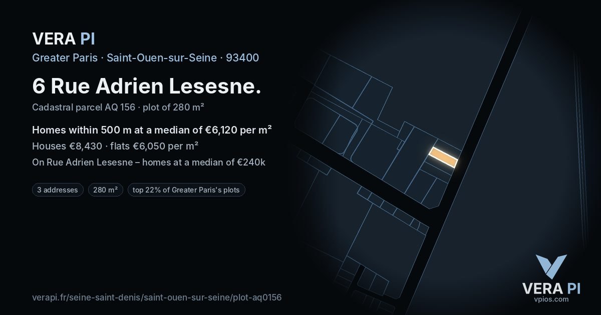 6 Rue Adrien Lesesne, Saint-Ouen-sur-Seine at night – the plot lit, the parcels around coloured by the prices near them