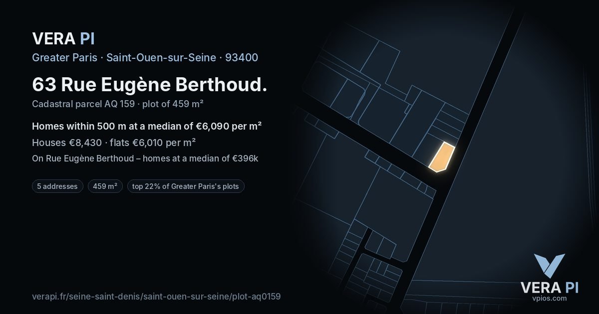 63 Rue Eugène Berthoud, Saint-Ouen-sur-Seine at night – the plot lit, the parcels around coloured by the prices near them
