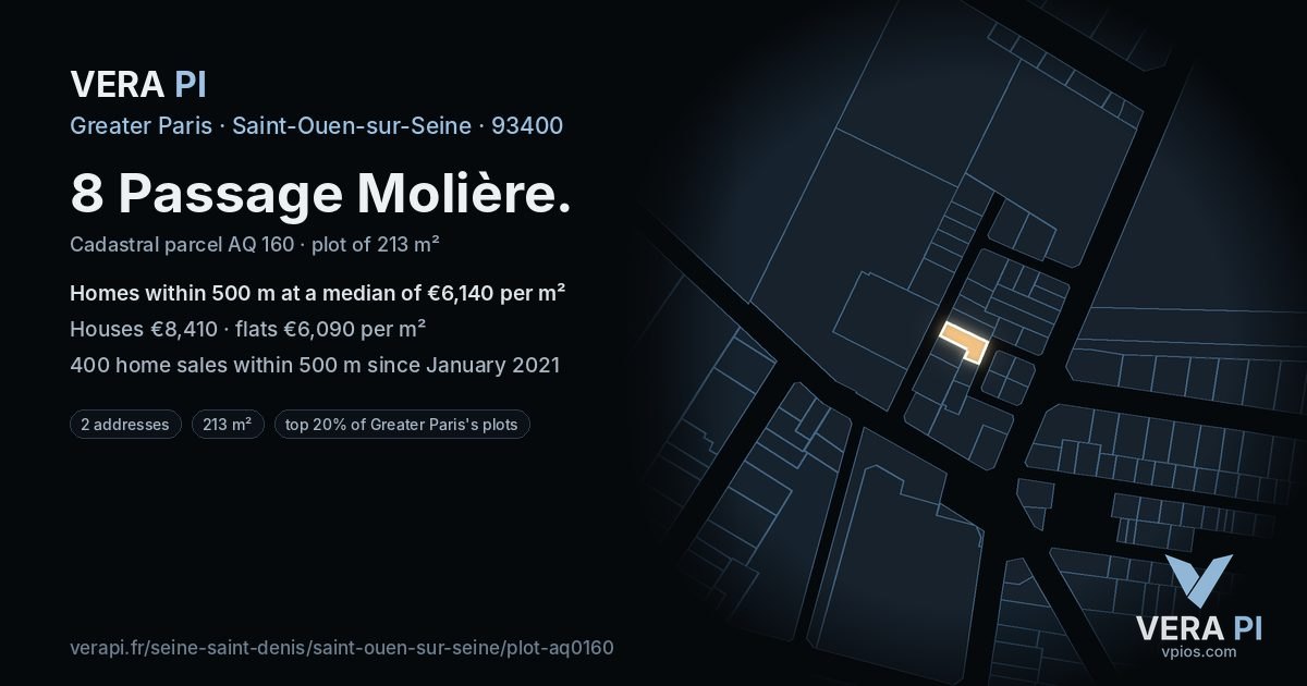 8 Passage Molière, Saint-Ouen-sur-Seine at night – the plot lit, the parcels around coloured by the prices near them