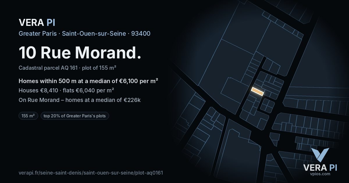 10 Rue Morand, Saint-Ouen-sur-Seine at night – the plot lit, the parcels around coloured by the prices near them