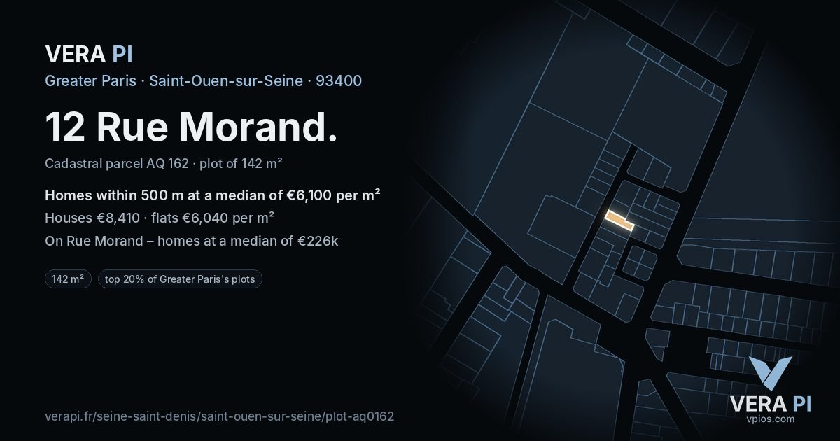 12 Rue Morand, Saint-Ouen-sur-Seine at night – the plot lit, the parcels around coloured by the prices near them