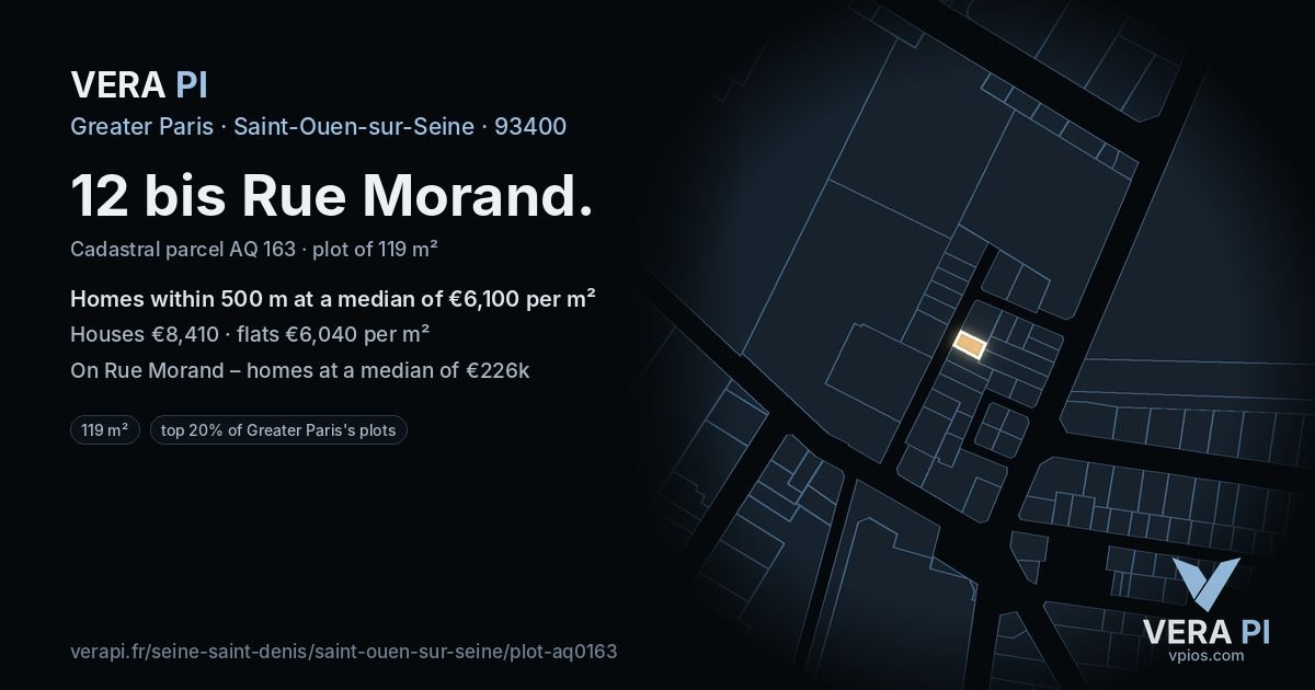 12 bis Rue Morand, Saint-Ouen-sur-Seine at night – the plot lit, the parcels around coloured by the prices near them