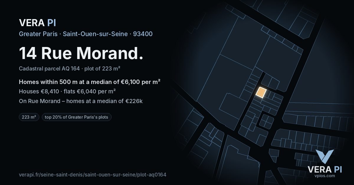 14 Rue Morand, Saint-Ouen-sur-Seine at night – the plot lit, the parcels around coloured by the prices near them