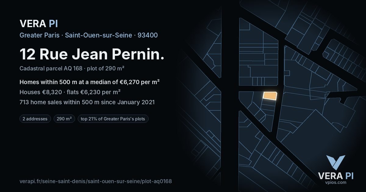 12 Rue Jean Pernin, Saint-Ouen-sur-Seine at night – the plot lit, the parcels around coloured by the prices near them