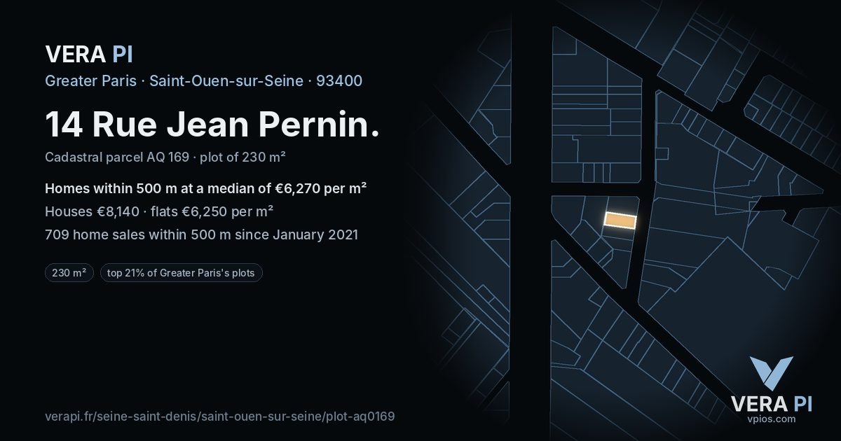 14 Rue Jean Pernin, Saint-Ouen-sur-Seine at night – the plot lit, the parcels around coloured by the prices near them