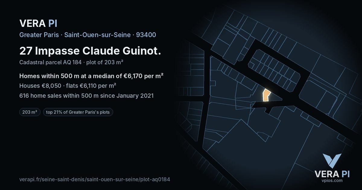 27 Impasse Claude Guinot, Saint-Ouen-sur-Seine at night – the plot lit, the parcels around coloured by the prices near them