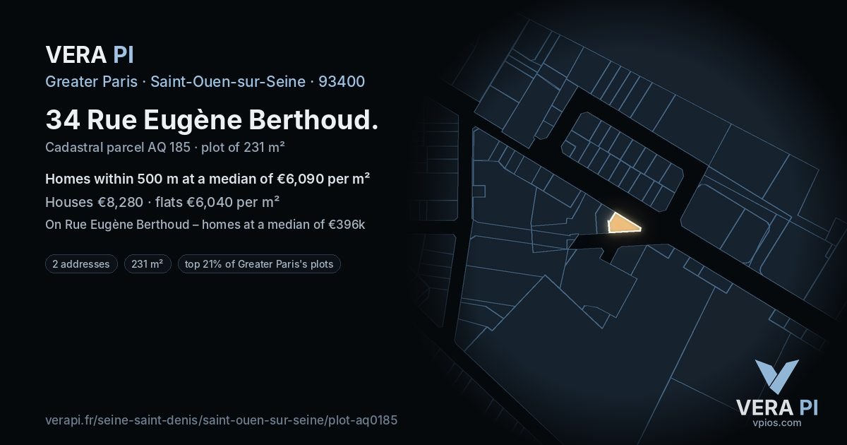34 Rue Eugène Berthoud, Saint-Ouen-sur-Seine at night – the plot lit, the parcels around coloured by the prices near them