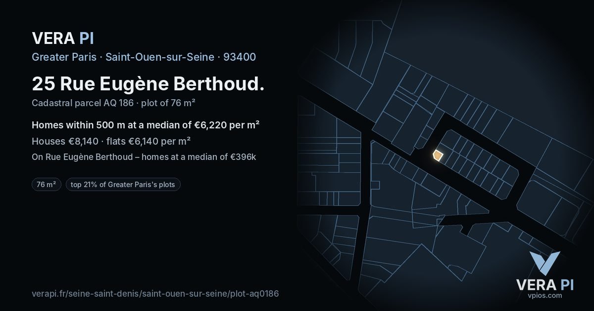 25 Rue Eugène Berthoud, Saint-Ouen-sur-Seine at night – the plot lit, the parcels around coloured by the prices near them