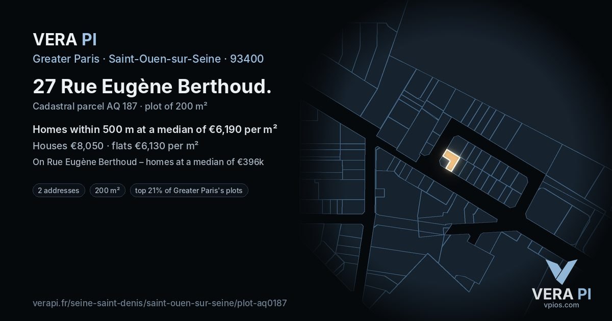 27 Rue Eugène Berthoud, Saint-Ouen-sur-Seine at night – the plot lit, the parcels around coloured by the prices near them