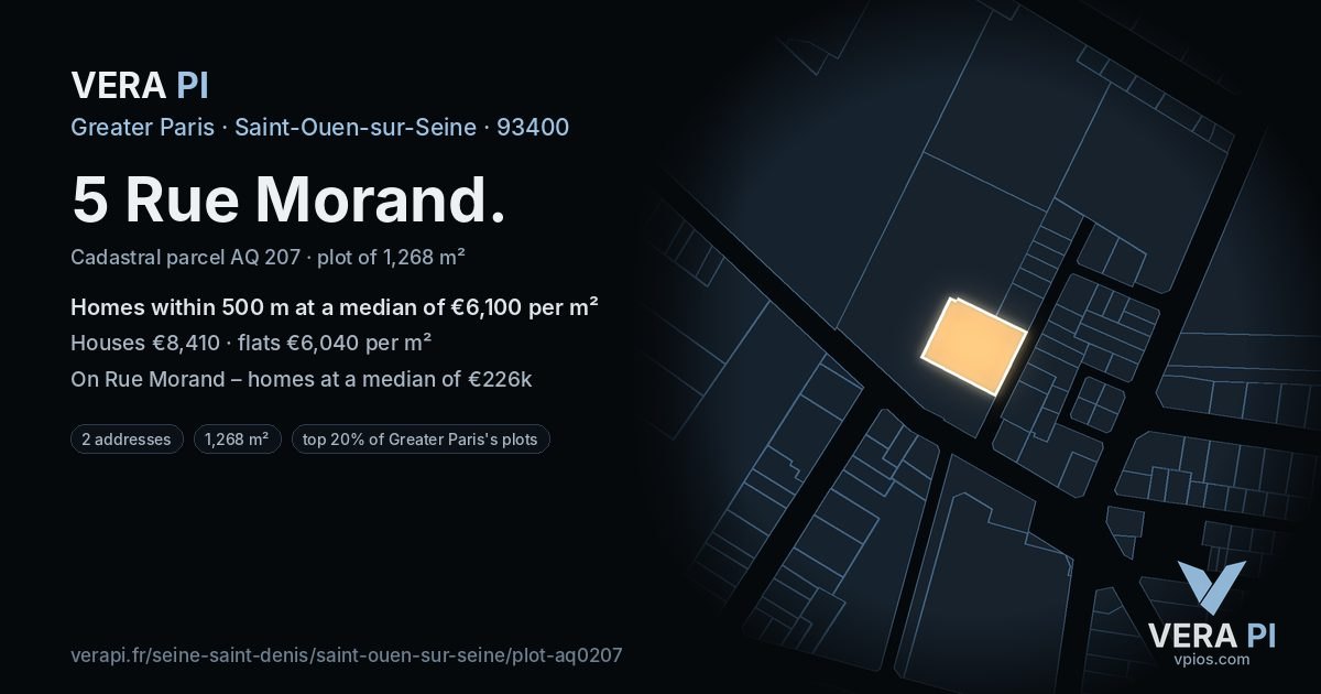 5 Rue Morand, Saint-Ouen-sur-Seine at night – the plot lit, the parcels around coloured by the prices near them