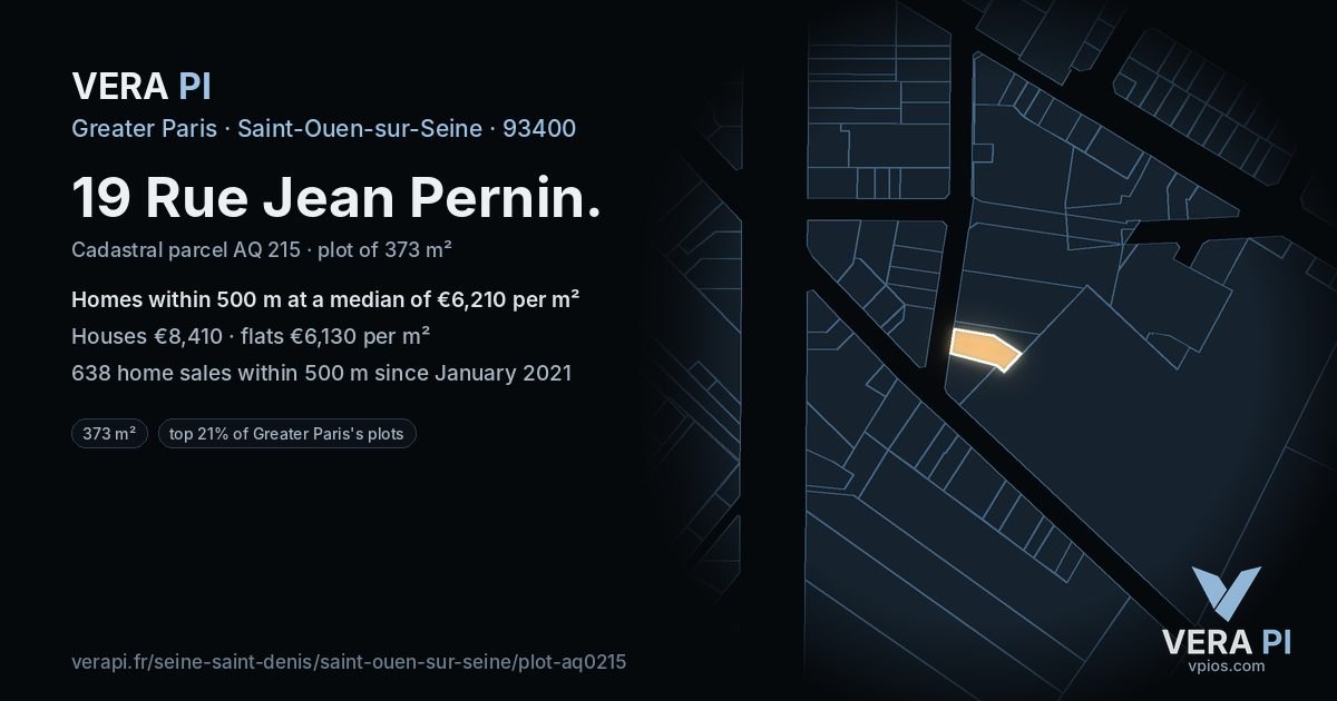 19 Rue Jean Pernin, Saint-Ouen-sur-Seine at night – the plot lit, the parcels around coloured by the prices near them